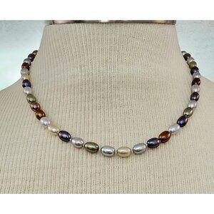 Multi-Color Knotted Fresh Water Pearl Necklace Sterling Silver Clasp Strand J467